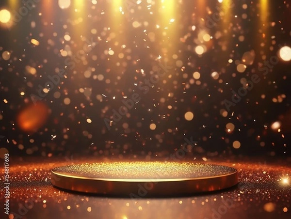 Fototapeta vibrant picture of Creative sparkling dance floor stage empty podium dark golden background with lights glittering confetti and bokeh high detail 8k