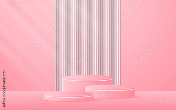 Fototapeta Pink podium with elegant white lines and a white slatted for displaying advertisements. Display of cosmetic products. Stage or podium. vector illustration	