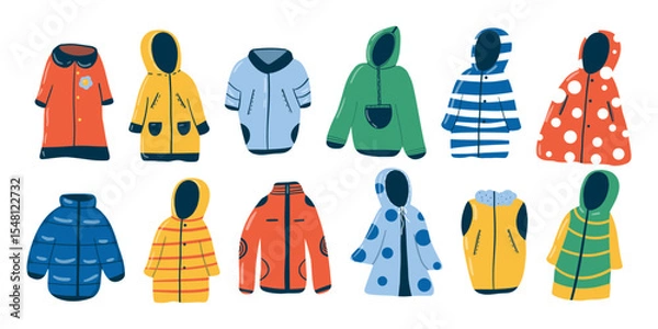 Obraz Set of children’s outerwear for rainy day, spring or autumn: coats, jackets, raincoats, vests, windbreakers. Hand-drawn in playful naive style. Isolated design elements. Bright cheerful color palette 