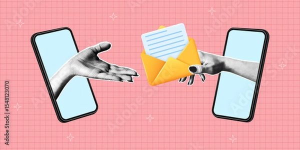 Fototapeta Collage banner with two smartphones and halftone hand passes letter to recipient. Hand holding 3d envelope and gives it from smartphone screen. New message, email, mailing list. Vector
