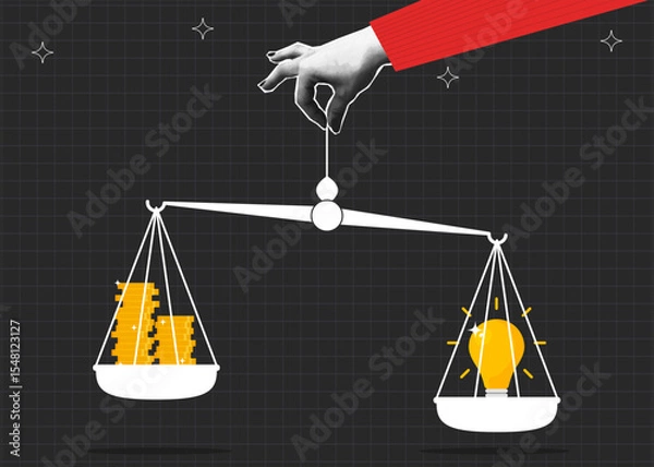 Fototapeta Collage halftone banner with hand holds scales on which light bulb is heavier than coins. Concept that business idea is better than money. Collage poster with halftone elements. Vector.