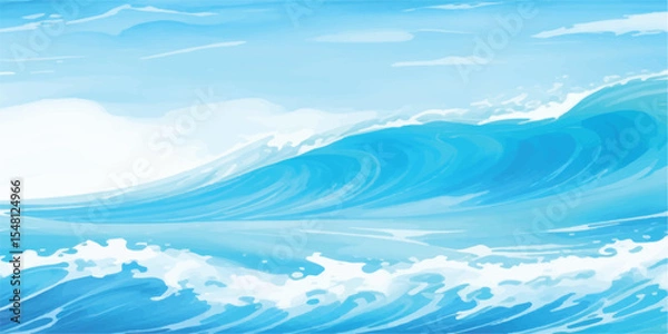 Fototapeta Realistic Soft Blue Ocean Wave Background with Subtle White Foam, Transparent Layers, and Artistic Watercolor Blending, Flat Style Blue Tsunami-Inspired Water Splash Scene with Gentle Gradient Effects