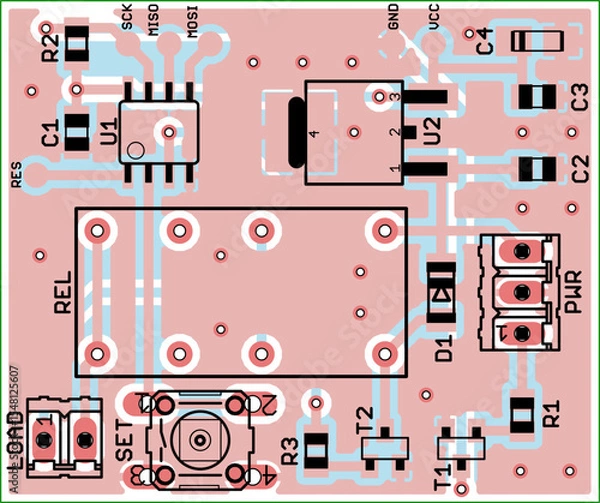 Obraz Vector printed circuit board of electronic 
device with components set of radio elements, 
conductors and contact pads placed on pcb. 
Engineering technic drawing. Electric background.
Cad design.