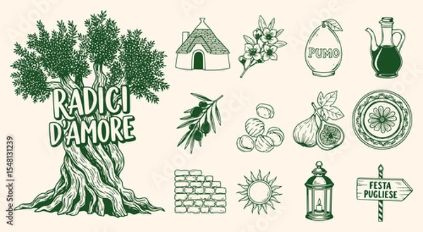 Fototapeta Radici d’amore Puglia icon pack. Ancient olive tree, trullo house, olive branch, fig, sun rosette tile and lantern symbols in deep green rustic sketch