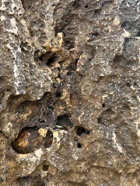 Obraz Textured Stone Close-up: A detailed study of a weathered stone surface revealing a network of intricate patterns, textures, and captivating shapes.