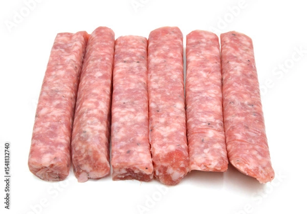 Obraz Raw meat sausages isolated on white background 