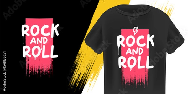 Fototapeta Rock N Roll T-Shirt Design Vector with bold Pink and White Grunge Text with Paint Splatters on Black Background, Ideal for Music, Streetwear, and Festival Apparel. Rock n roll logo design template