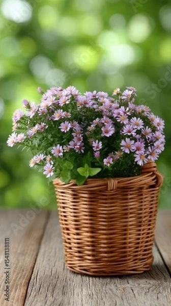 Fototapeta A wicker basket brimming with colorful wild flowers is beautifully displayed on a table, surrounded by a serene green bokeh backdrop