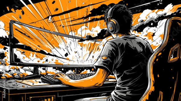 Obraz Gamer in explosive action scene, vibrant vector illustration with orange and black tones, streaming setup, gaming monitor explosion, digital adrenaline, modern esports vibe, immersive comic style

