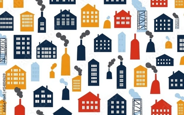Fototapeta Colorful pattern of buildings and factories with smokestacks, perfect for urban design or industrial themes.