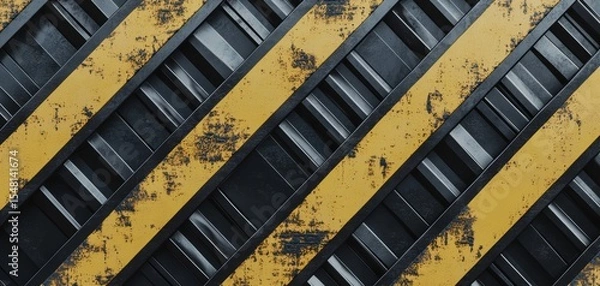 Fototapeta Diagonal pattern of yellow and black industrial panels, showcasing a grungy aesthetic with an urban vibe.