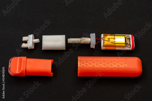 Obraz Electronic vape in detail on black background - chip, wiring, filter and mouthpiece.