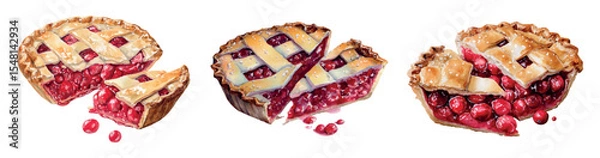 Obraz Watercolor set of cranberry pies png. Savory pies with red berries. Cranberry pie for Thanksgiving. Sweet homemade pastries. Vector illustration.