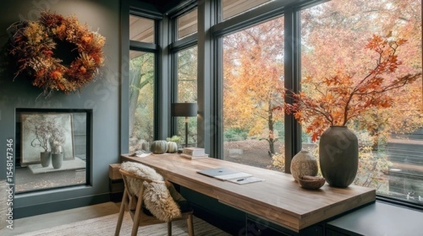 Fototapeta Stylish Zoom Background Featuring Cozy Autumn Workspace
