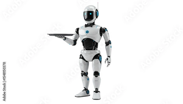 Obraz Futuristic Waiter Robot Holding Serving Tray on White Background
