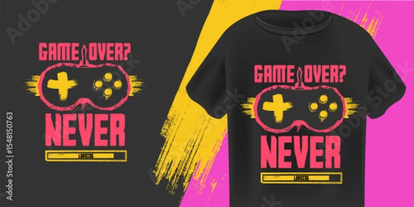 Fototapeta Game Over Never T-Shirt Design Vector Retro Gaming Controller with Grunge Texture and Loading Bar on Black Background, Ideal for Gamers and Youth Apparel