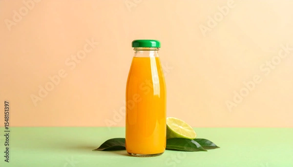 Fototapeta Iced Tea Bottle on Pastel Backdrop Refreshing Drink Minimalist Style Summer Beverage