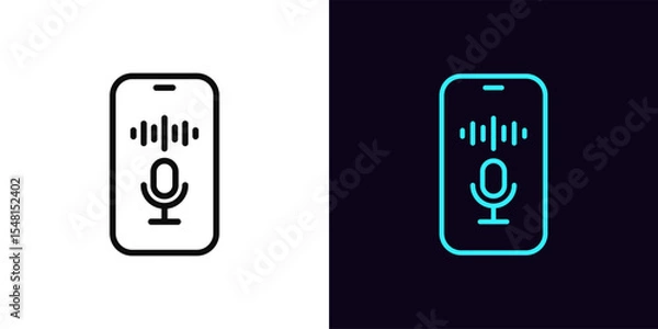 Obraz Outline smartphone voice control icon, with editable stroke. Phone screen with microphone icon and sound wave, voice activation and search control. Voice assistant, speech recognition. Vector icon
