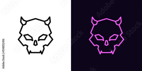 Obraz Outline demon skull icon, with editable stroke. Devil skull with horns and fangs, vampire cranium icon. Death face, scary skeleton head, evil, demon emoji, satan skull, monster cranium. Vector icon