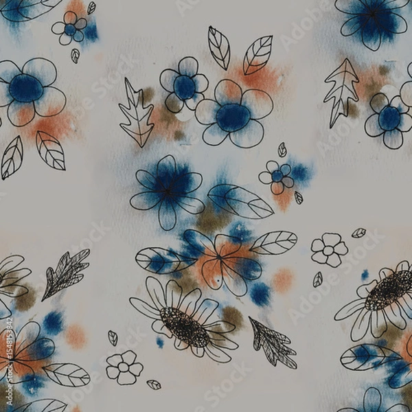 Fototapeta Seamless pattern created from a painting with watercolor stains and lineart flowers in India ink in shades of blue, terracotta and gray