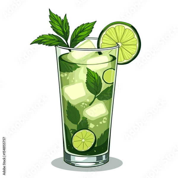 Obraz Refreshing Mojito Cocktail Illustration with Lime, Mint, and Ice Cubes for Summer