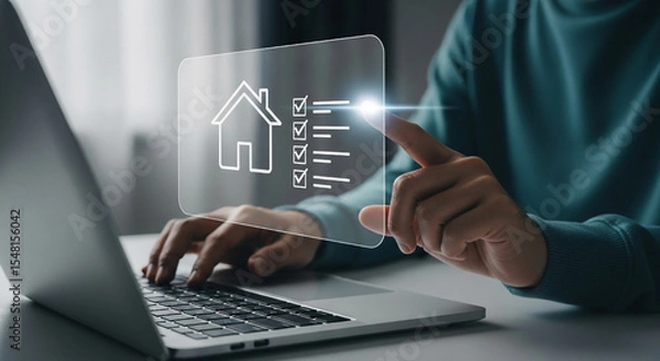 Obraz Person interacting with a laptop screen depicting a house icon and checklist indicating property approval or successful transaction.