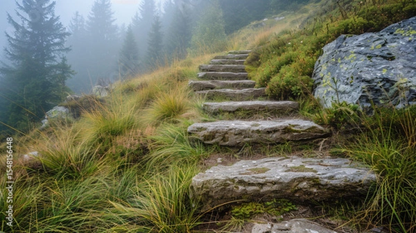 Fototapeta Stone steps leading upward through green forest mountain trail, natural outdoor terrain with wild grass, morning light with mist
