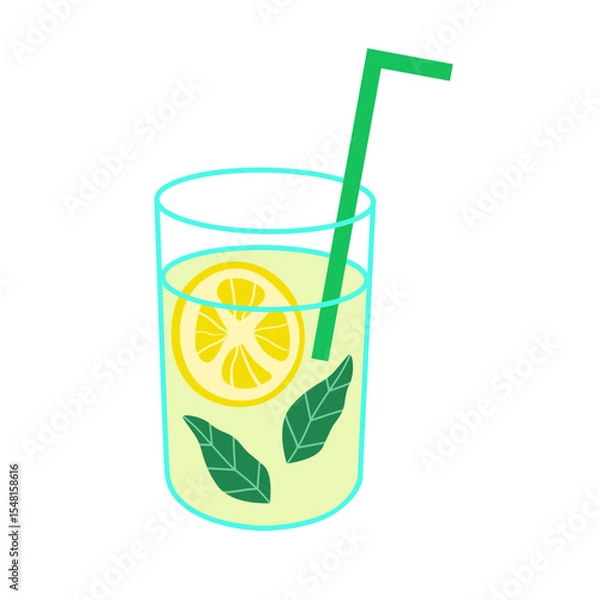 Obraz Glass with summer refreshing cocktail lemonade vector illustration on isolated background. Food drinks with water, lime and mint. Design element for menu, card, paper, card, sign, logo. Flat graphic