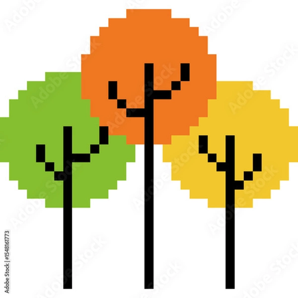 Obraz Pixel art autumn trees in green, orange, and yellow colors. 8-bit trees 