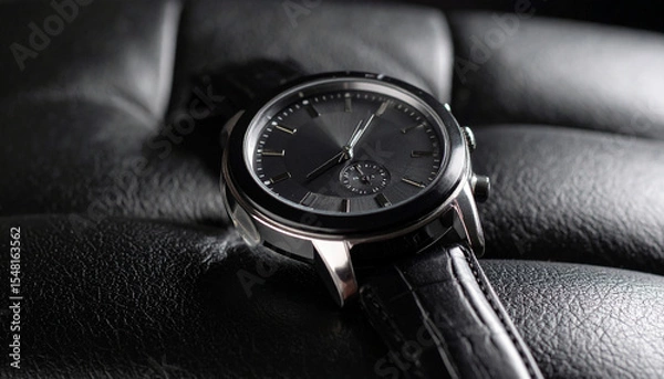 Obraz Elegant Luxury Watch on Dark Leather Cushion – Timeless Style and Sophistication