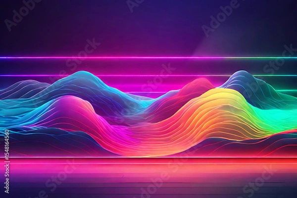 Fototapeta Abstract colorful landscape with neon lights, vibrant rainbow hills, digital art background