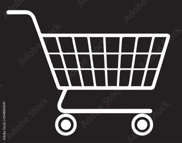 Obraz A white outline vector image of a shopping cart, featuring a basket grid and wheels, set against a black background, representing retail or e-commerce.