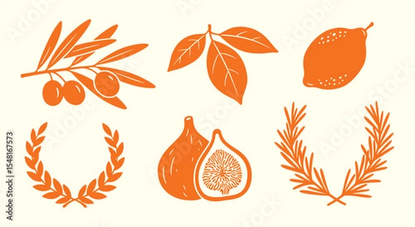 Fototapeta Mediterranean harvest silhouette set. Olive branch, lemon, fig halves, laurel wreath and rosemary sprig in warm orange for rustic kitchen branding