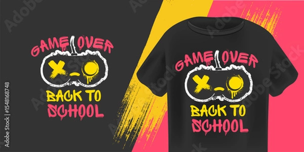 Fototapeta Game Over Back to School T-Shirt Design Vector Stylized Pink and White Gaming Controller with Grunge Texture on Black Background, Ideal for Students and Youth