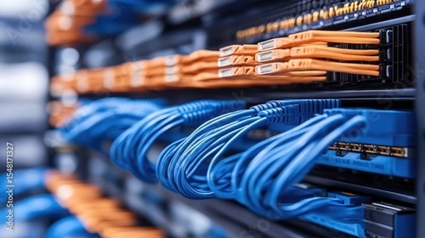 Obraz Network patch cables and LAN wires neatly aligned on a server rack shelf