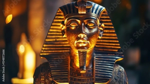 Obraz Close up of a golden pharaoh mask with a striped head covering and a false beard illuminated