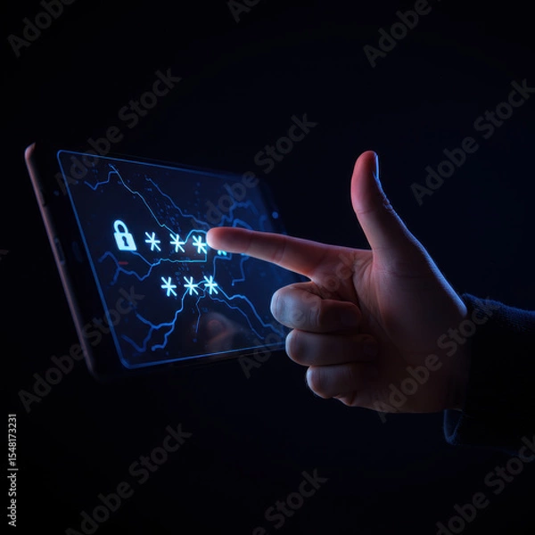 Fototapeta Focused finger touching futuristic screen to enter password for digital security. This abstract concept represents login, authentication, and network protection in cyberspace
