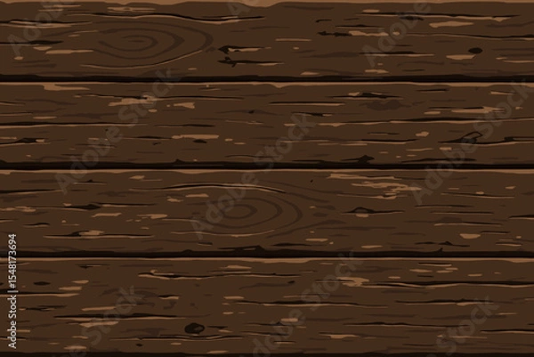 Fototapeta Weathered dark brown wood texture vector background. Rustic illustration of old distressed wooden planks. Cartoon timber paneling or floorboards with natural grunge grain pattern.