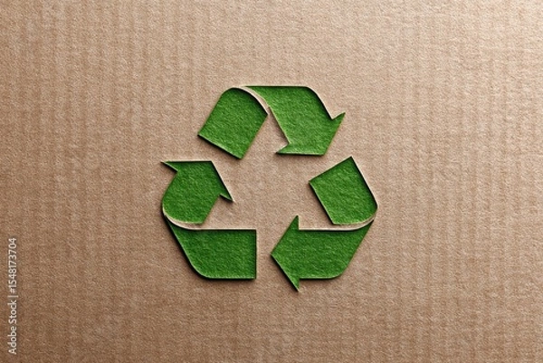 Fototapeta A green recycle symbol cut out of cardboard, promoting environmental awareness and eco-friendly practices, representing sustainable resource management.