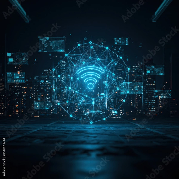 Fototapeta Futuristic blue neon wifi symbol representing global internet connection and communication technology. network concept showing future of wireless data connectivity