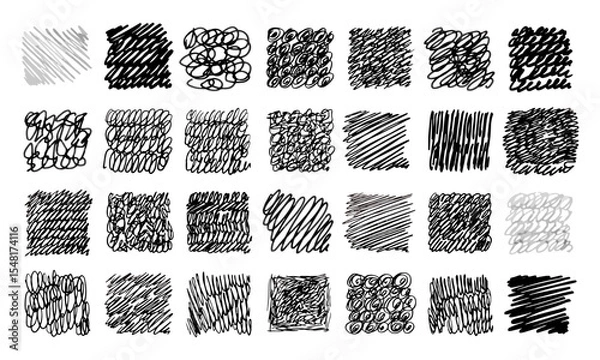 Fototapeta Twenty eight different hand-drawn textures imitating various graphic tools. Doodles and squiggles. Vector set