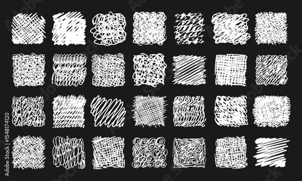 Fototapeta Twenty eight different hand-drawn textures imitating various graphic tools. White doodles and squiggles on a black background. Vector set