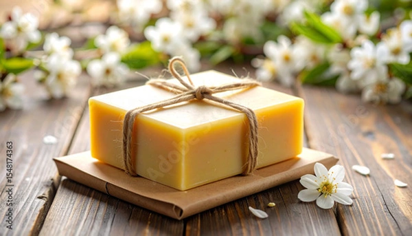 Obraz Natural Soap Bar Wrapped in Kraft Paper on Neutral Background – Eco-Friendly Skincare Product