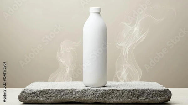 Fototapeta Elegant white bottle on a stone base, emitting vapor, perfect for showcasing modern beverage concepts.