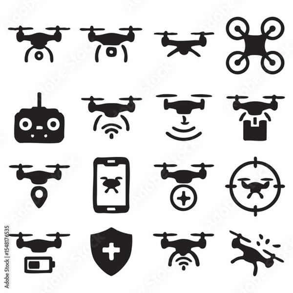 Obraz Collection of Black Drone Icons Various Flight Modes and Controls.
