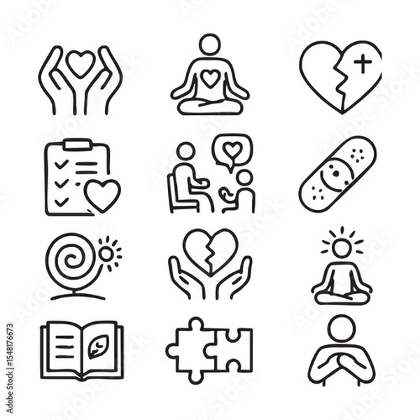 Obraz Hand Drawn Mental Health Icons Set Healing Meditation and Therapy.