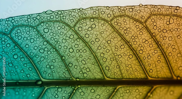 Fototapeta Luminous Leaf Veins Displaying Water Droplets Under Light With Reflection