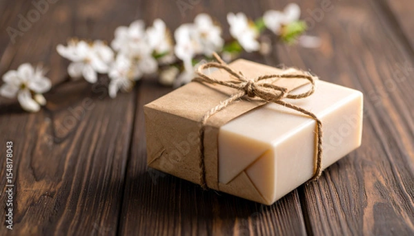 Obraz Natural Soap Bar Wrapped in Kraft Paper on Neutral Background – Eco-Friendly Skincare Product