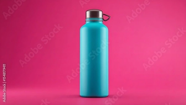 Fototapeta 3D render of a cyan water bottle on a pink background, top view. 