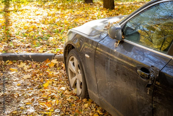 Fototapeta Damaged black car in autumn setting, front left view, dent on side, scattered fallen leaves, parked on leaf-covered ground, afternoon sunlight, no people, nature background